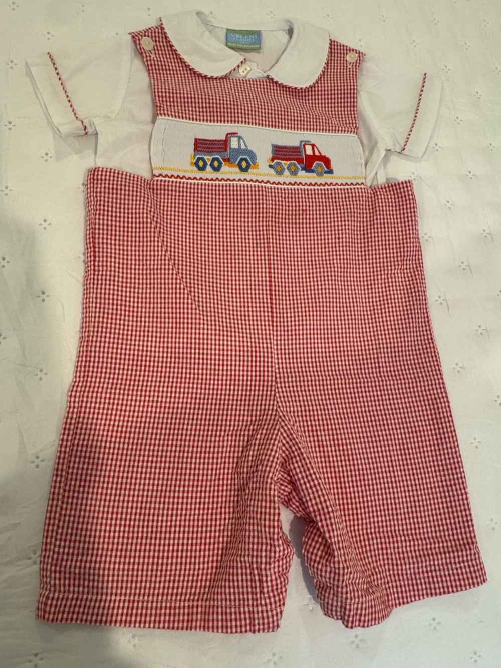 Red Gingham Truck Smocked Shortall And Matching Collared Shirt- Size 24m